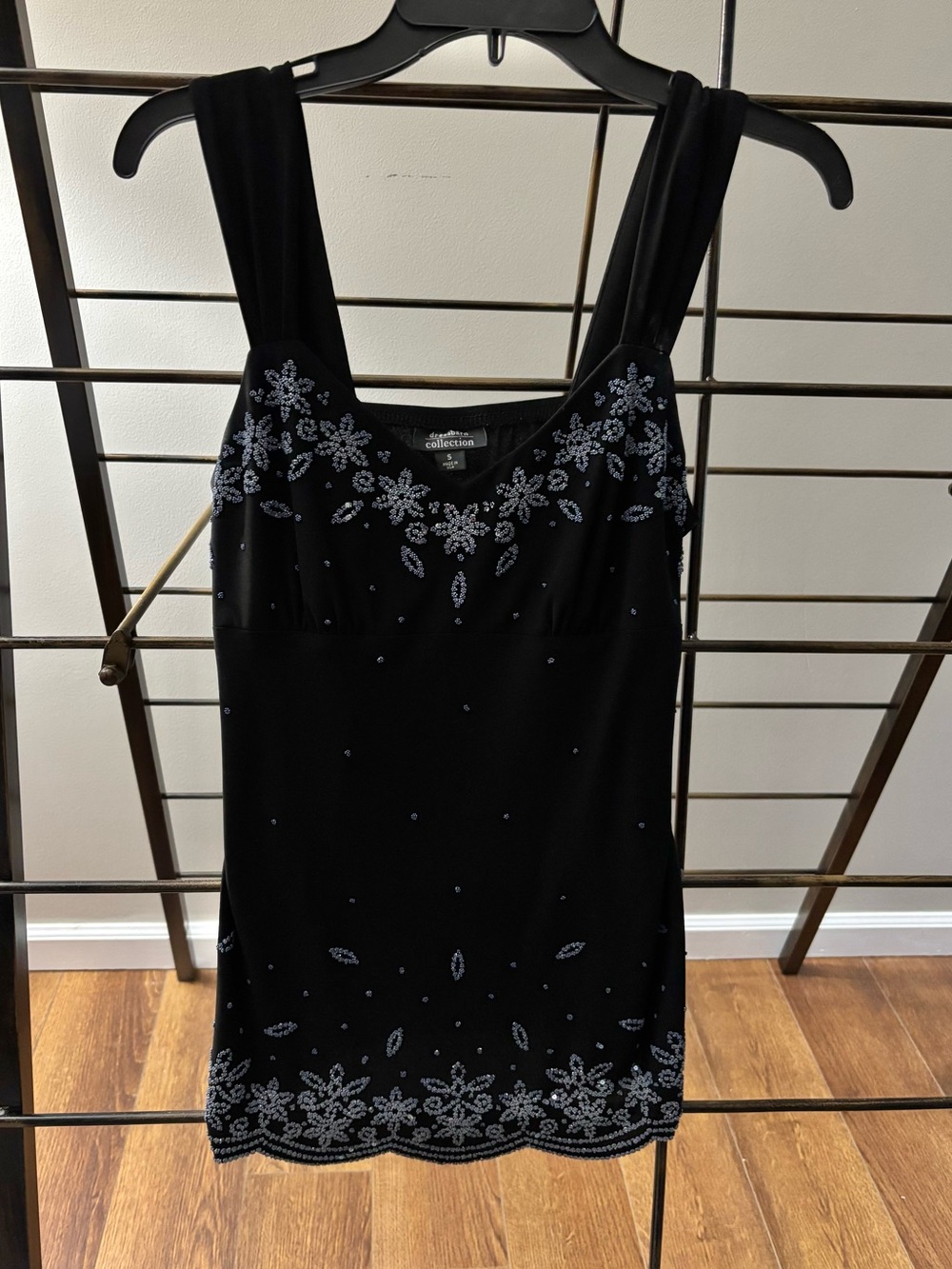 Dressbarn Black Tank with Light Blue Beaded Floral Embellishment